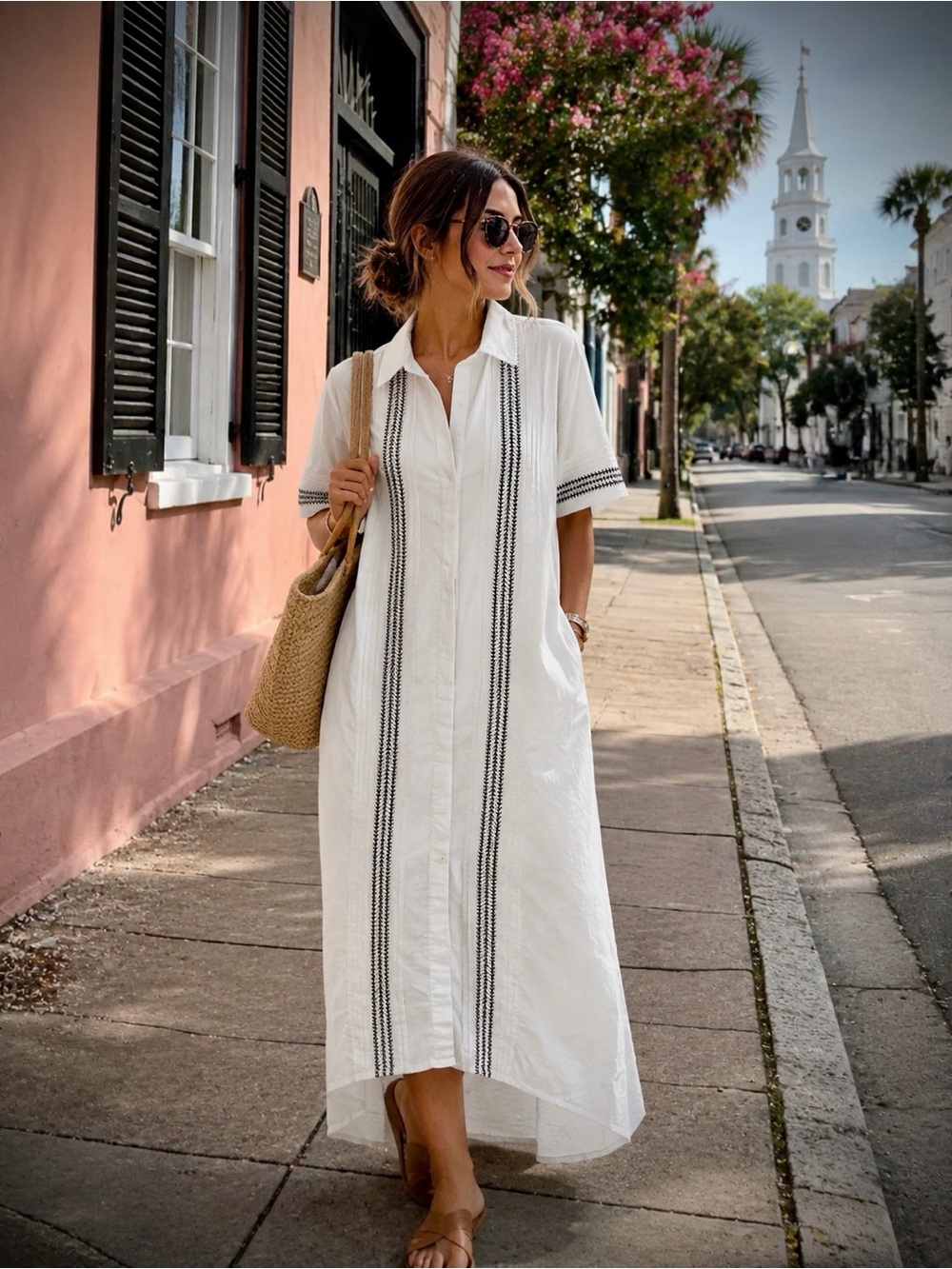 White Button-Front Maxi Dress with Black Stripe Accents #1351